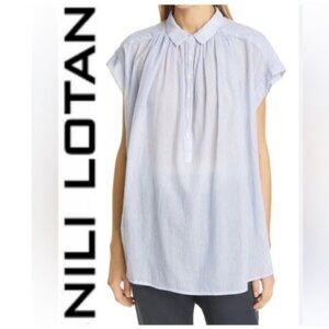 Nili Lotan Normandy Stripe Popover Blouse Cotton Gathered Top Blue Size medium